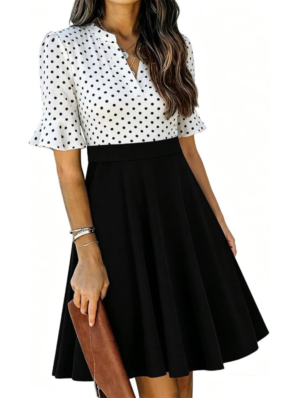 Women's White Dot Black Fit Flare Knee Length V Neck Short Sleeve Guest Dress